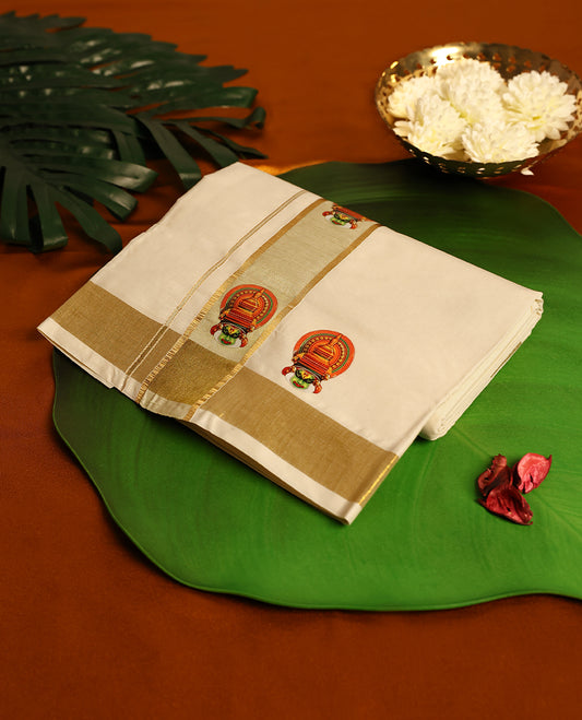 Light ivory Colour cotton double dhoti with 1.5 Inch Golden kara with Kathakali Print, crafted for traditional elegance & comfort, for men.
