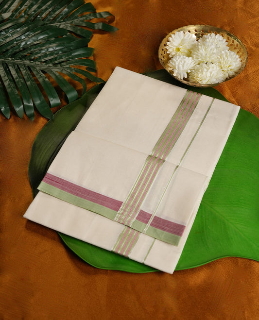 Cream Colour Pure Cotton single Dhoti with Green, Rose and Silver Colour simple Border for Men