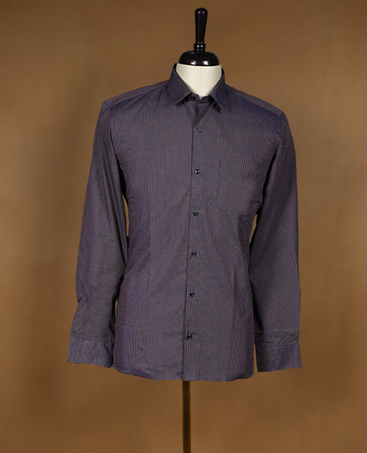 Blue and brown striped formal shirt by Peter England, crafted from breathable cotton with full sleeves, a classic collar, and button down front designed for a sharp and refined office ready look.