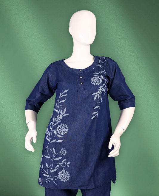 Navy blue colour women's nightwear set featuring a round-neck top with three-quarter sleeves and delicate floral prints, paired with matching tapered pants for a cozy and elegant look.