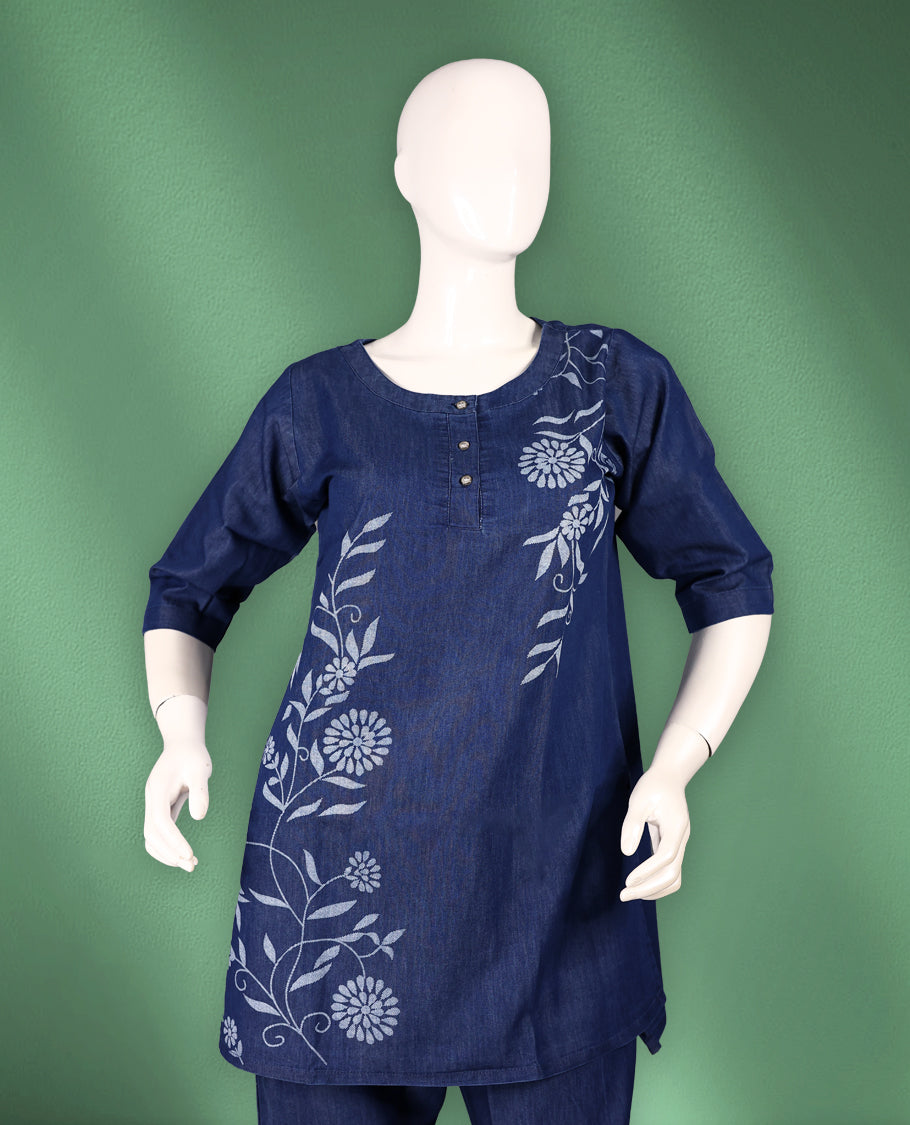 Navy blue colour women's nightwear set featuring a round-neck top with three-quarter sleeves and delicate floral prints, paired with matching tapered pants for a cozy and elegant look.