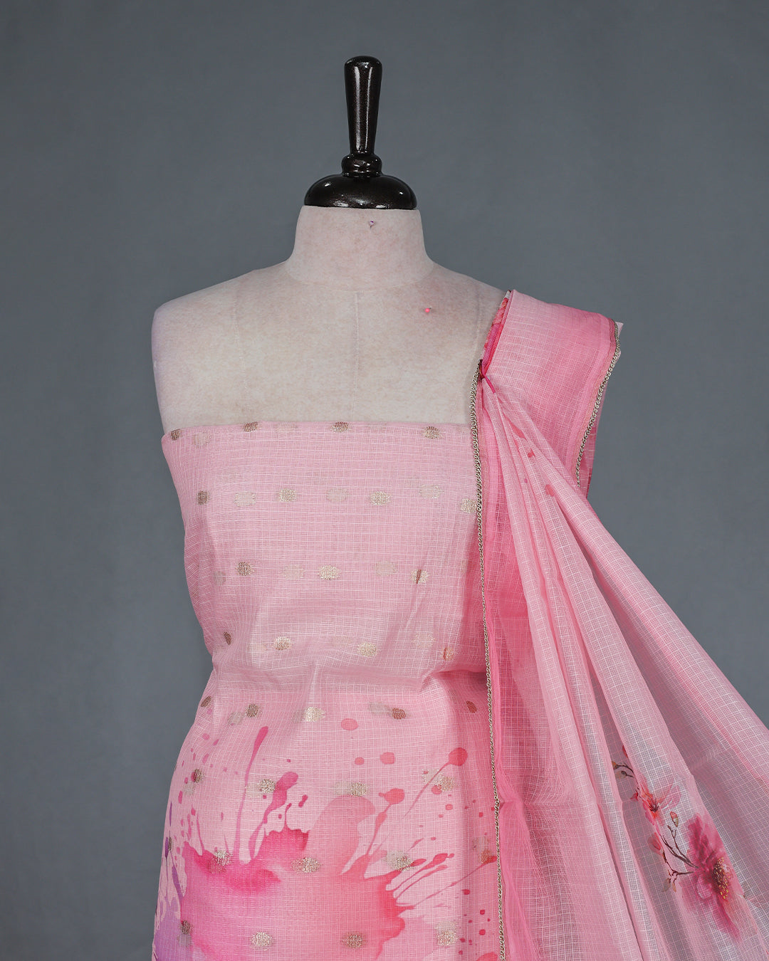 Pink Colour Kotta Net Salwar Material Featuring Elegant Printed Dancer Motif with Delicate Golden Butti Detailing on the Kurta, paired with a matching bottom & beautifully printed Dupatta.