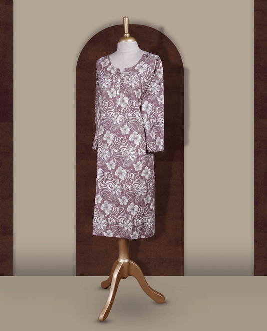 Mauve colour kurti adorned with elegant off white floral prints, Featuring a round neckline and three quarter sleeves.