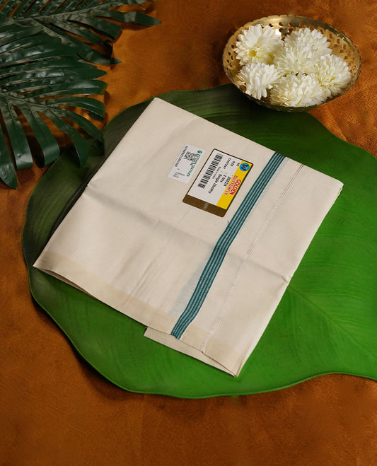 Cream Colour Pure Cotton single Dhoti with Dark green and silver Colour simple Border for Men