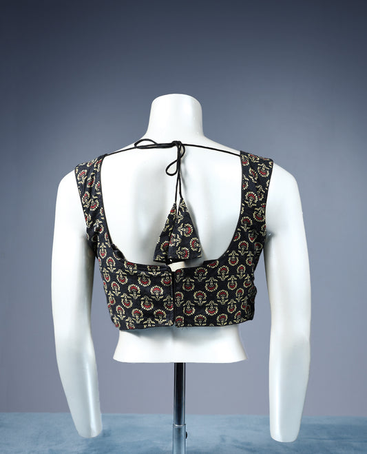 Black Colour Floral Block Print, Deep Neck, Attachable Sleeves, Padded, Ready Made Blouse.