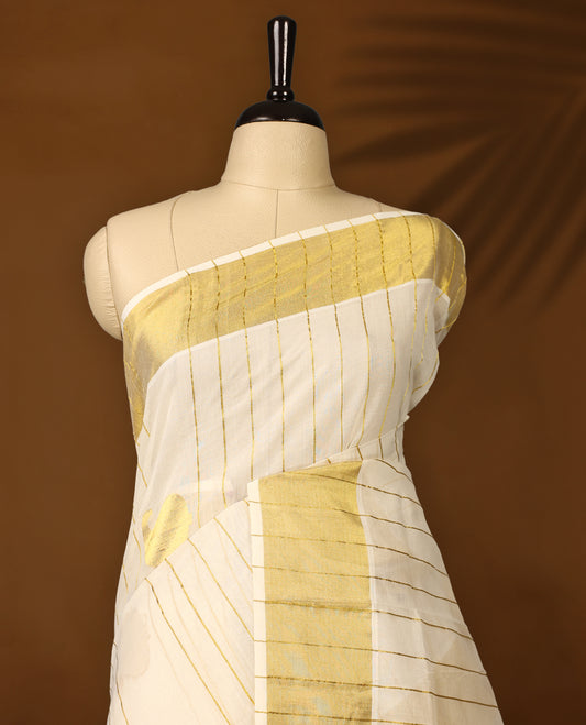Elegant Pure handloom Kerala saree adorned with golden vertical stripes and traditional mango motifs, paired with a rich golden zari border & Comes with a matching blouse for a timeless ethnic look.
