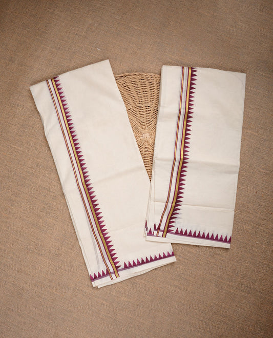 Cream colour cotton set mundu highlighting gold zari border with maroon temple print.