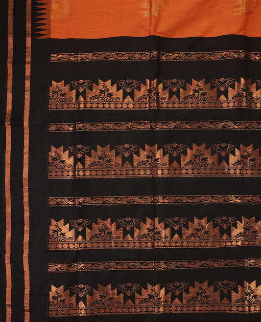 Rust Orange colour mixed Kalyani cotton saree featuring copper zari motifs throughout the body, paired with Pure Black colour traditional border and pallu, with matching blouse