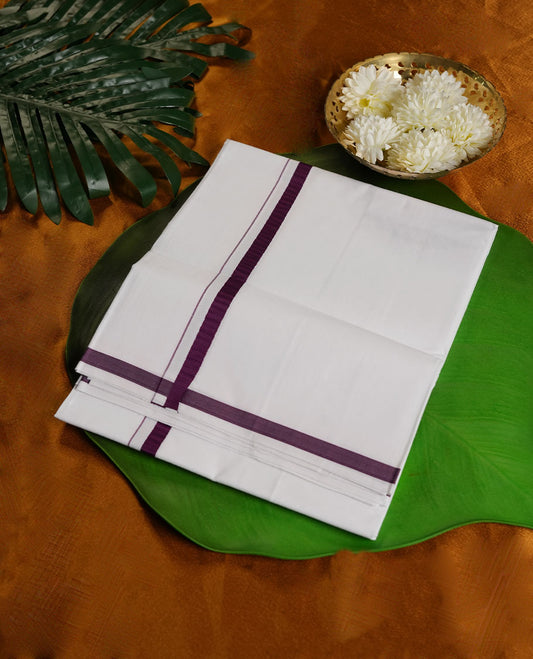 White Colour Pure Cotton single Dhoti with Purple Colour Border for Men