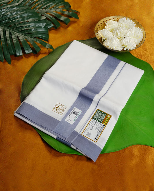 White Colour RAMRAJ Pure Cotton double Dhoti with Ash blue Colour Border for Men
