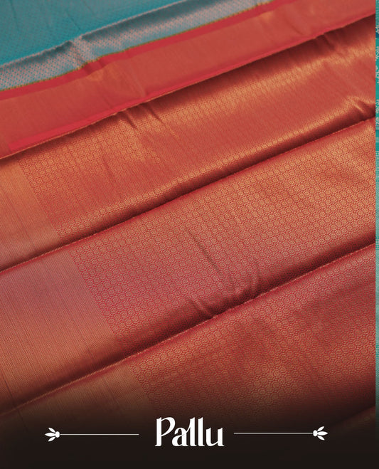 Deep aqua blue colour semi silk saree featuring neem zari Brocade Pattern all over the body, complemented by a Self Colour woven border with detailing with contrast Maroon Colour Pallu & blouse.