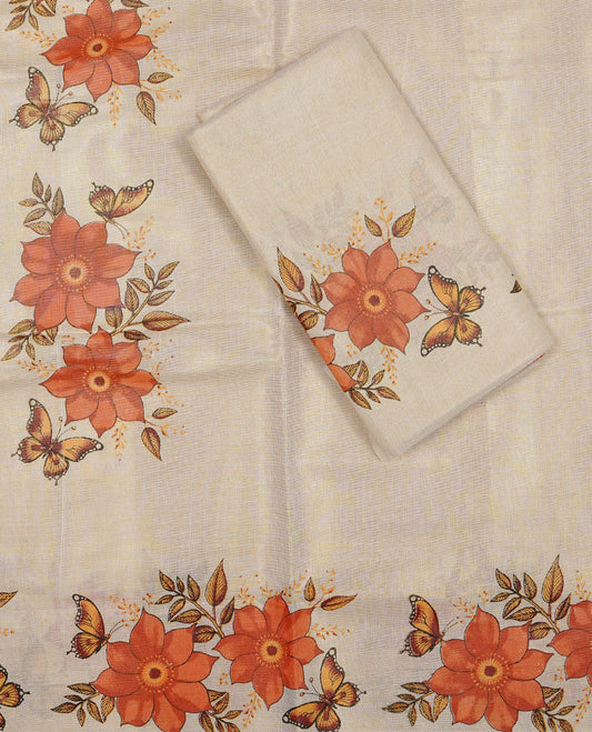 Golden colour Tissue silk set mundu features a plain body accented by a Floral & butterfly print border.