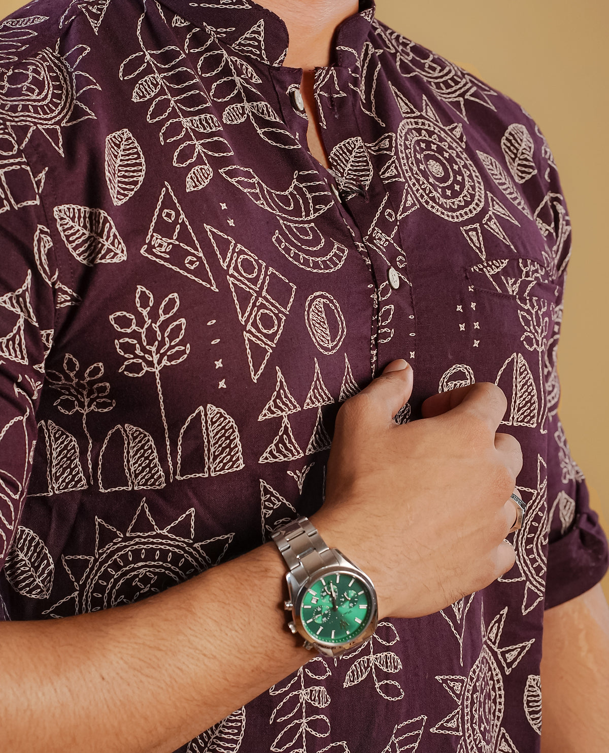 Chocolate Brown colour men's kurta featuring elegant Print on the body, complemented by sleeves for a refined and festive look.