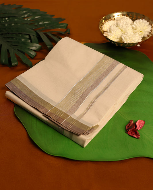 Light ivory Colour cotton double dhoti with Pastel Olive and Brown kara, crafted for traditional elegance & comfort, for men.