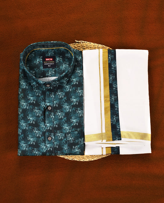 Deep teal green colour MCR full sleeve shirt featuring all over abstract prints, paired with a white dhoti adorned with a rich golden zari kara and a matching deep teal printed border.