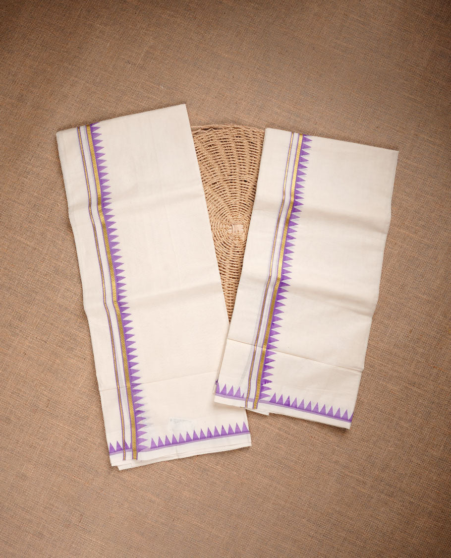 Cream colour cotton set mundu highlighting gold zari border with purple colour temple pattern.
