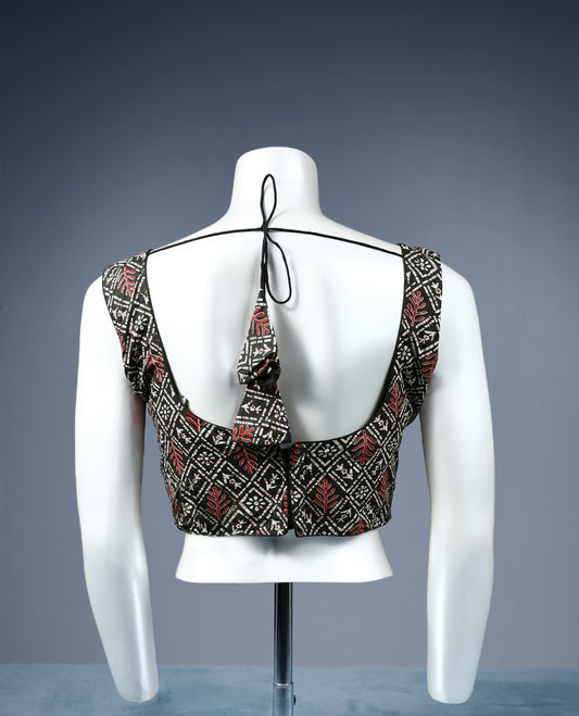 Dark Brown Colour Multi Prints, Deep Neck Design, Attachable Sleeves, Padded, Ready Made Blouse.