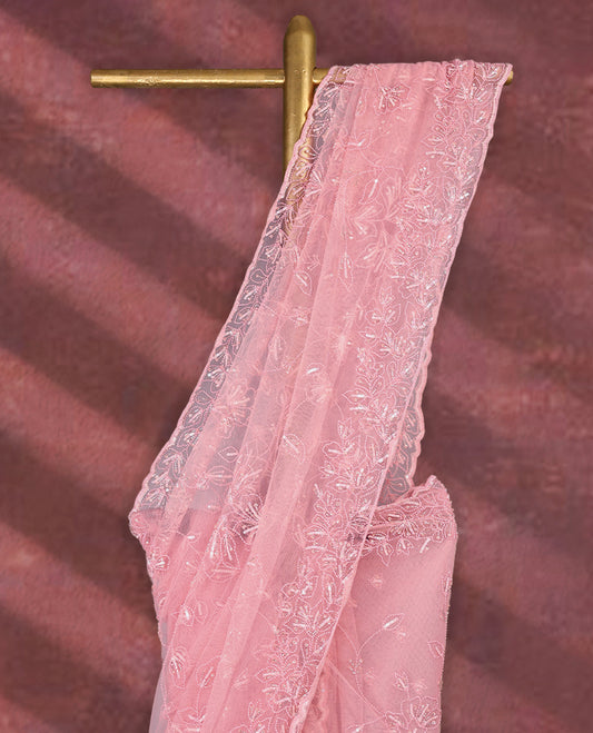 Light Pink colour net designer saree featuring beads and sequin floral kodi detailing on the body, adorned with beads and sequin worked floral kodi scallop border, paired with a matching worked blouse