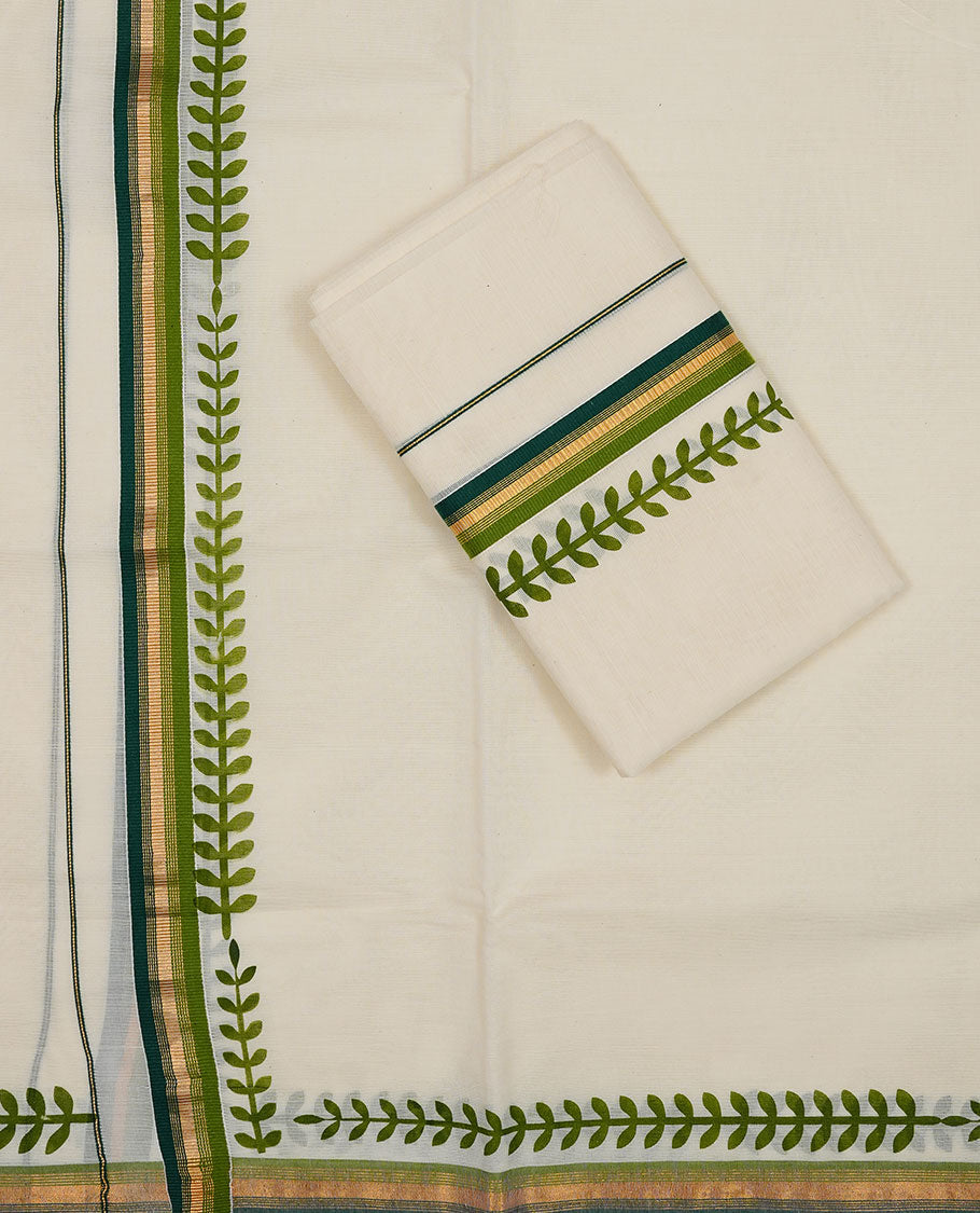Off white colour Cotton Set Mund featuring a plain body, enhanced by a green leaf printed border with a gold zari stripe.
