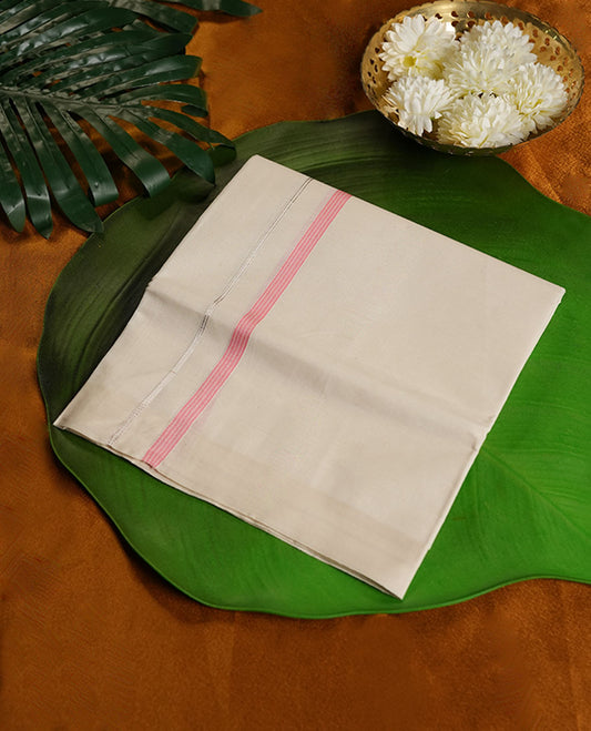 Cream Colour Pure Cotton single Dhoti with Pink and silver Colour simple Border for Men