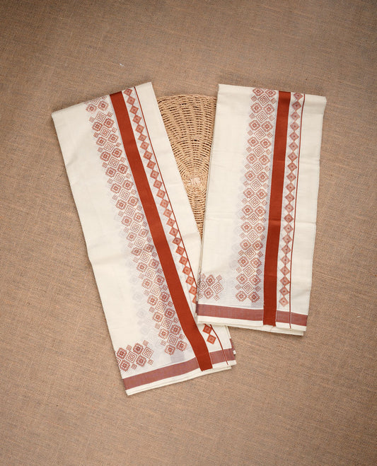 Cream colour cotton set mundu highlighting Brown colour geometric and simple border.