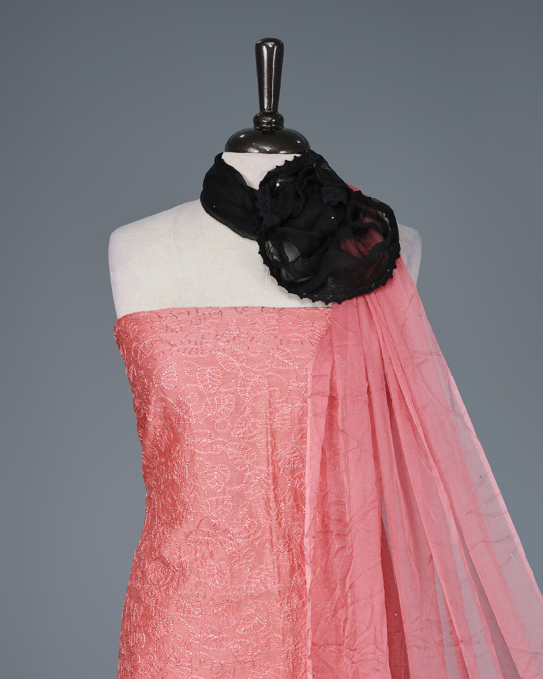 Dusty Rose Salwar Material featuring intricate all-over thread embroidery on the kurta, paired with a matching solid bottom and a lightweight ombre dupatta.