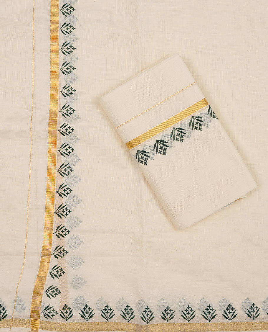 Off white colour Cotton Set Mund featuring a plain body, enhanced by a floral print on zari border.