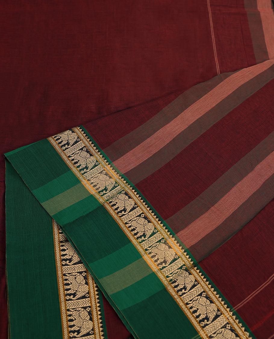 Maroon Colour Mixed Chettinad Cotton Saree having Plain Body with Contrast Border and Self Coloured Blouse