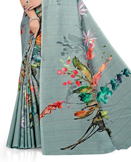 Light Steel blue Semi linen saree featuring vibrant multicolour floral digital prints on body and pallu, paired with a matching blouse.