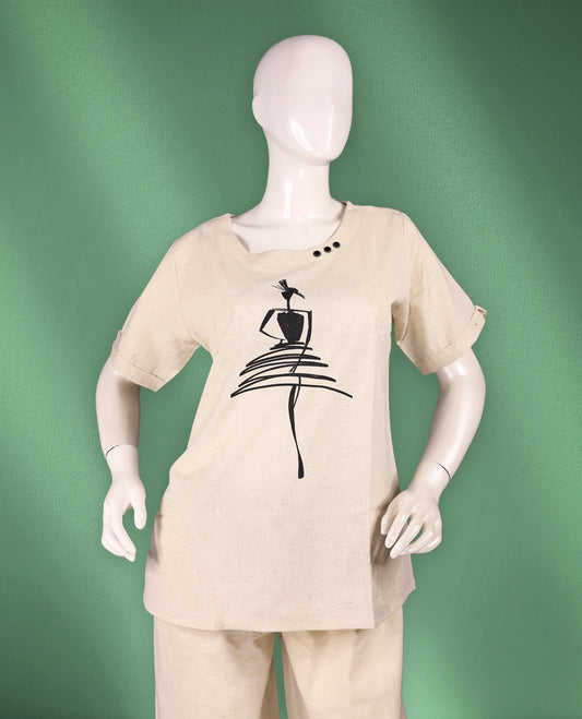Beige colour women's nightwear set featuring a graphic printed top with a round neckline and short sleeves, paired with matching straight-leg pants for a relaxed fit.