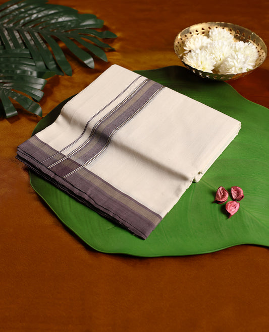 Off white handloom pure cotton double dhoti adorned with a fog grey border featuring fine stripe detailing, offering a refined and traditional look perfect for cultural and festive wear.