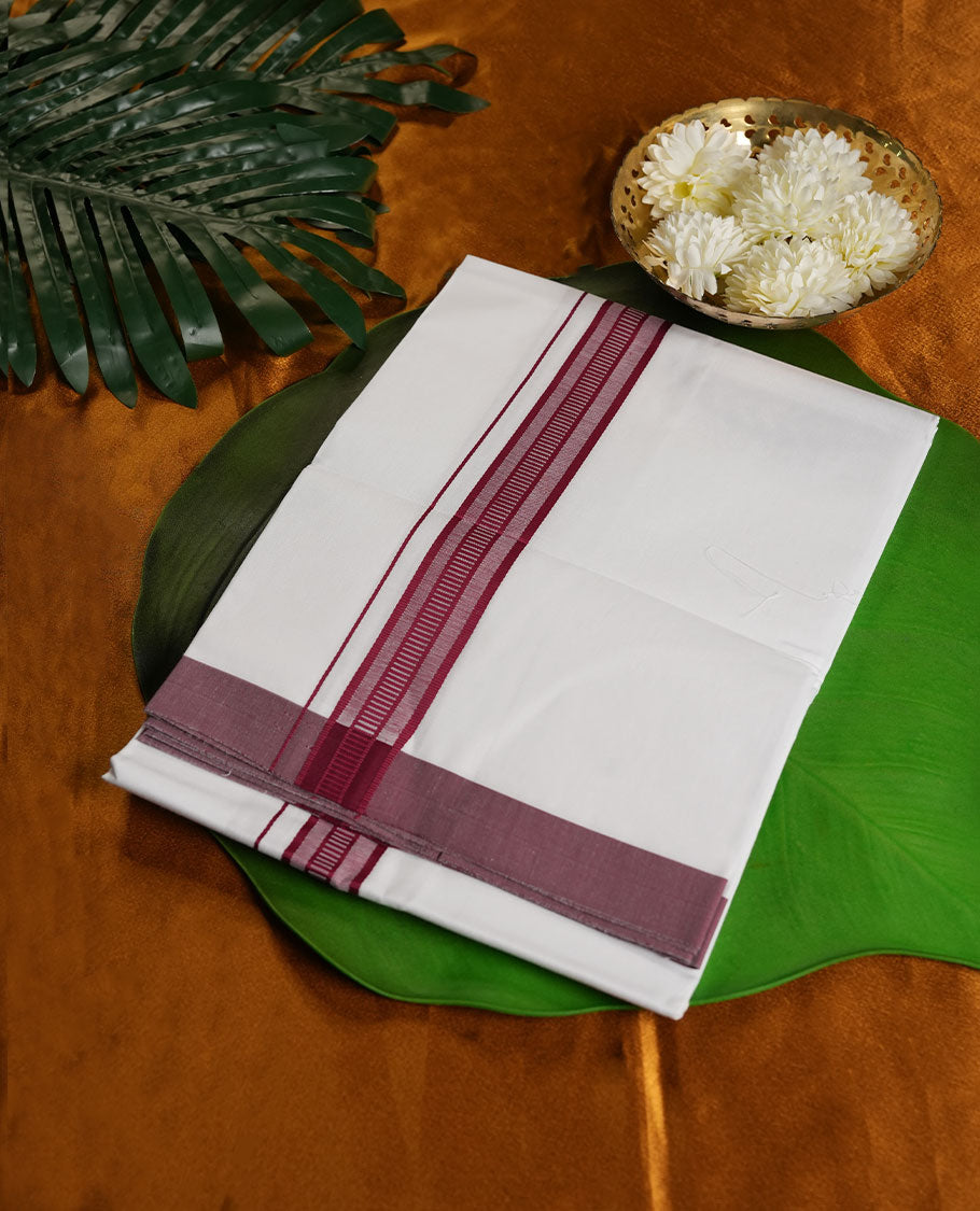 Cream Colour Pure Cotton single Dhoti with Maroon Colour Border for Men