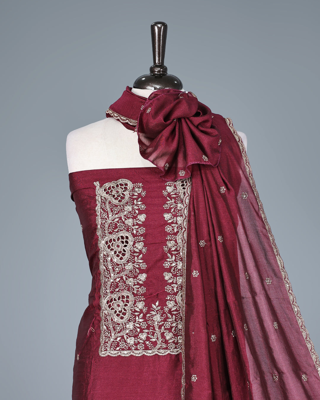 Maroon Colour Vijitra Silk Salwar Material Featuring Elegant White Thread Embroidery on the Front Panel, paired with a matching bottom & graceful embroidered Dupatta.