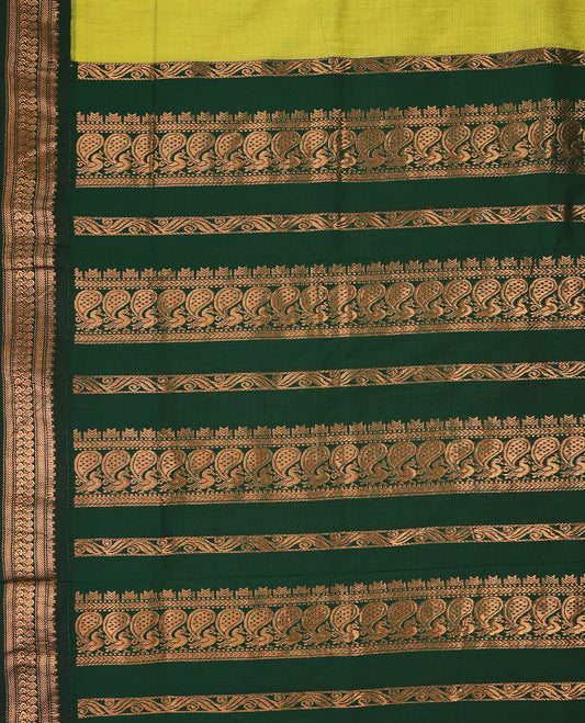 Lemon Green colour mixed Kalyani cotton saree featuring Plain body, paired with Bottle Green colour traditional border and pallu, with matching blouse