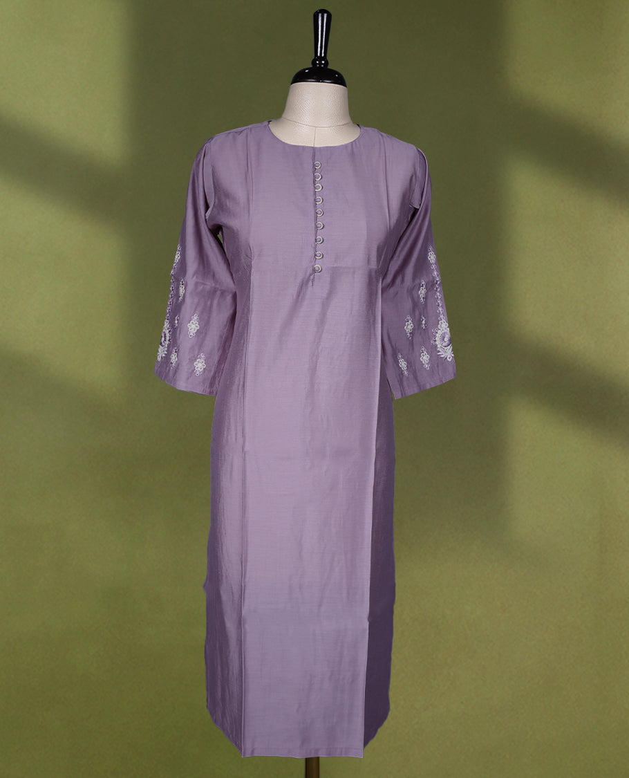 Lilac coloured round neck Readymade kurti for women, featuring 3/4 sleeves with embroidery work.
