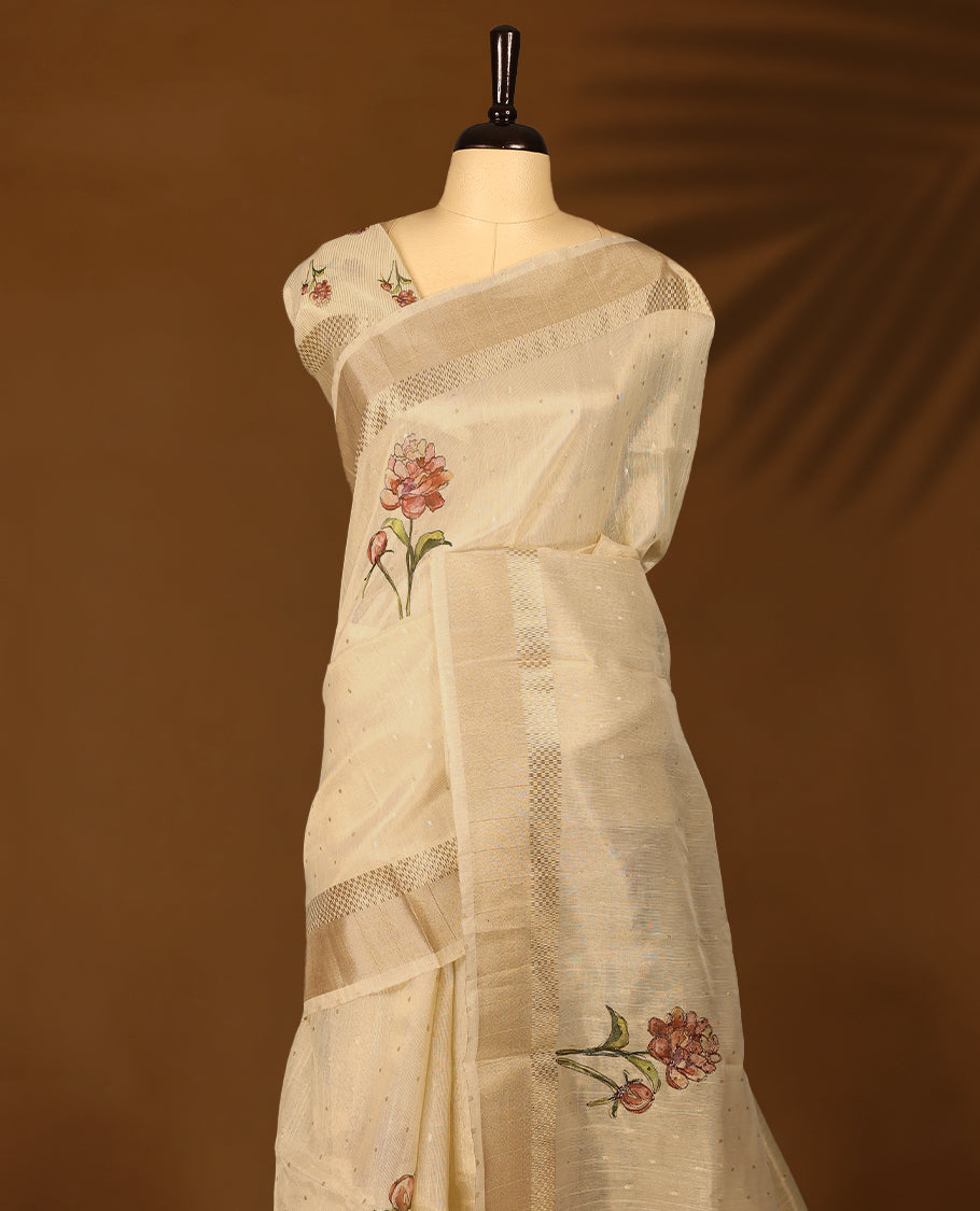 Radiant gold organza Kerala saree adorned with delicate floral Digital Prints, a shimmering zari border and a matching blouse