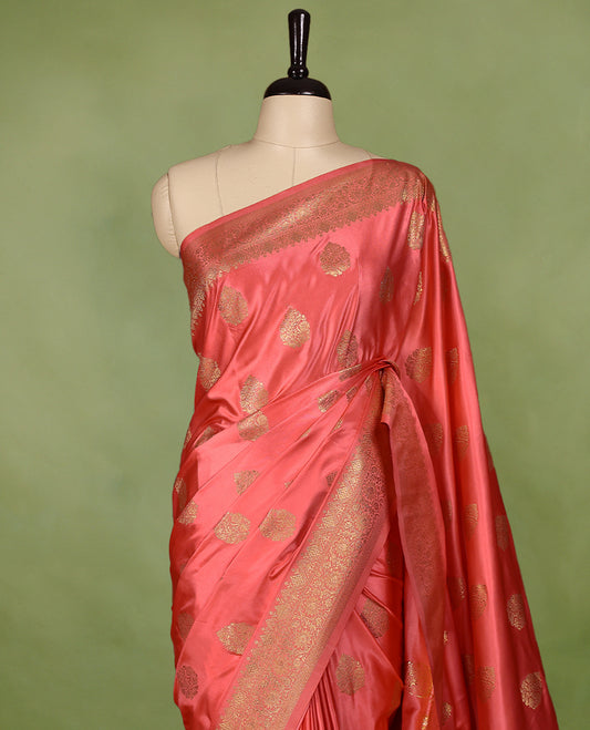 Peach Colour Semi  Banarasi Saree having Golden Buttas in Body with Worked Border and Blouse