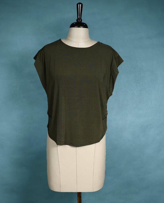 Deep Olive cap sleeve top featuring a round neck and relaxed fit, made from lightweight textured fabric for a chic, effortless style.