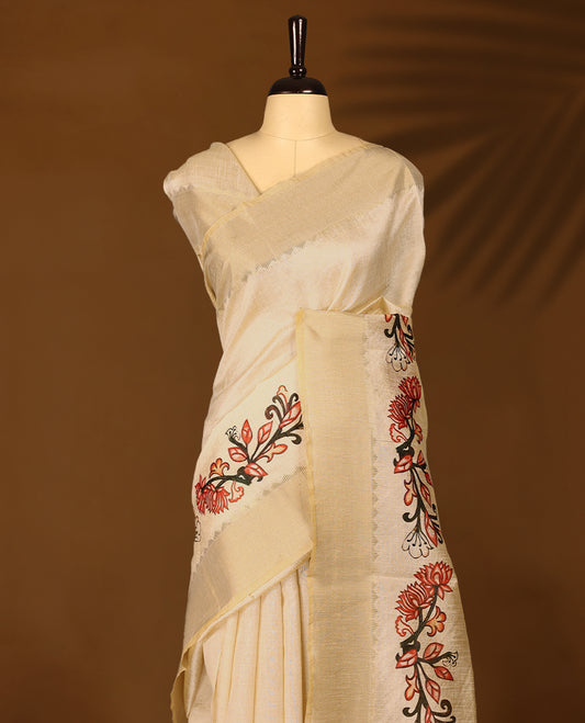 Ivory tussar Kerala saree adorned with intricate floral Digital Prints, complemented by a border, with matching Blouse