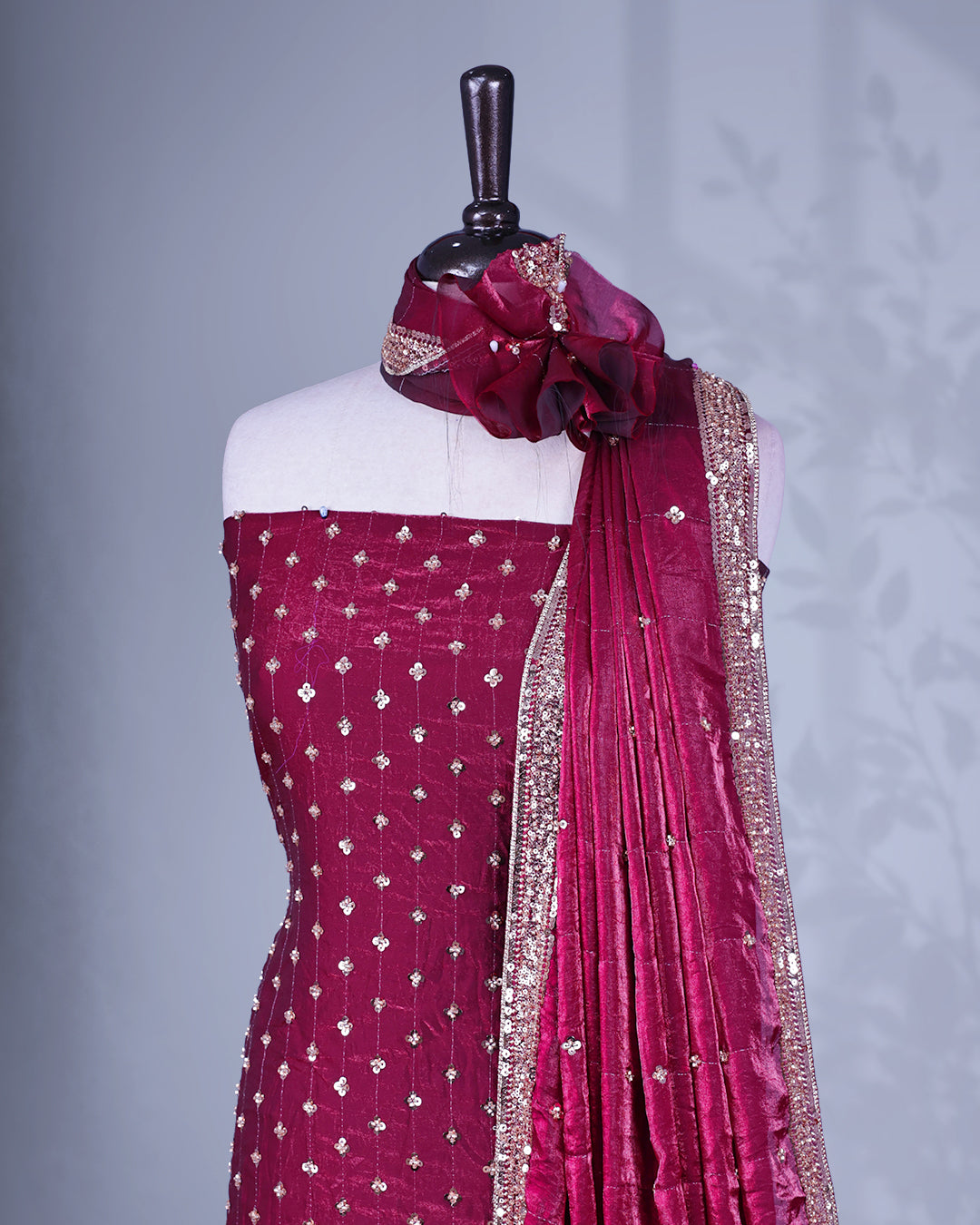 Purple colour salwar material with Cut beats & sequins work on body, Matching Bottom & dupatta.