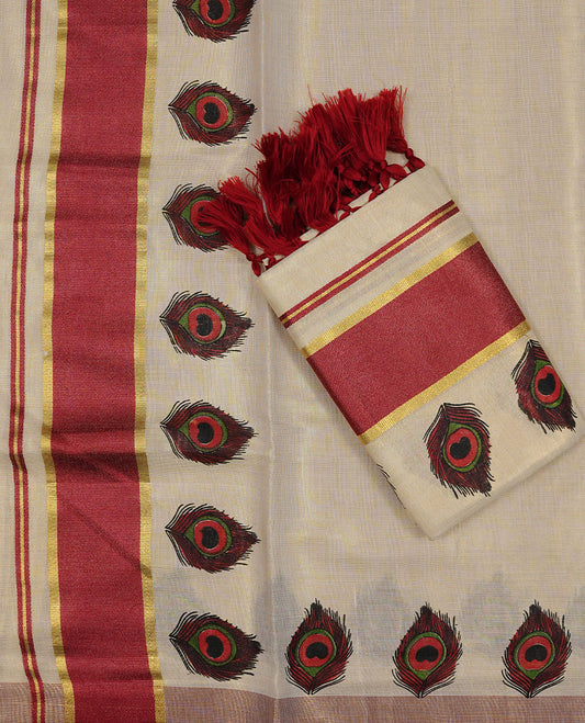 Golden colour Tissue silk set mundu features a plain body accented by a Peacock Feather print on Red & gold zari border.
