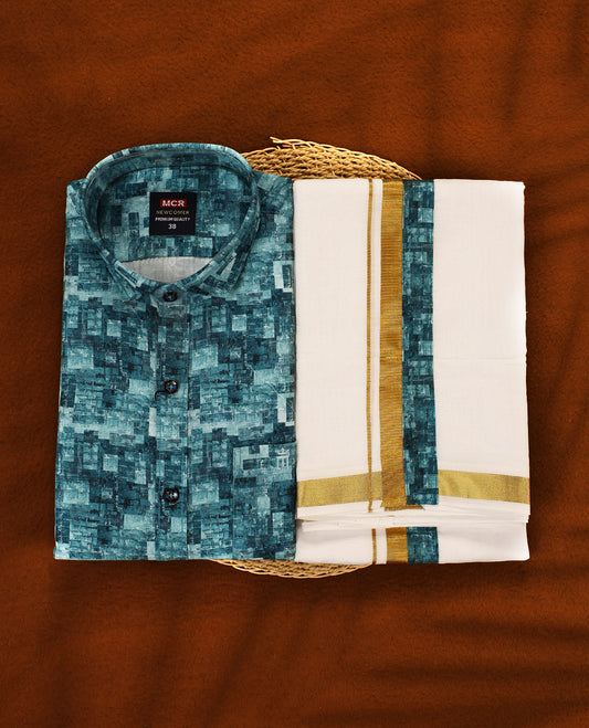 Pastel Aqua colour MCR full sleeve shirt featuring all over abstract prints, paired with a white dhoti adorned with a rich golden zari kara and a matching printed border.