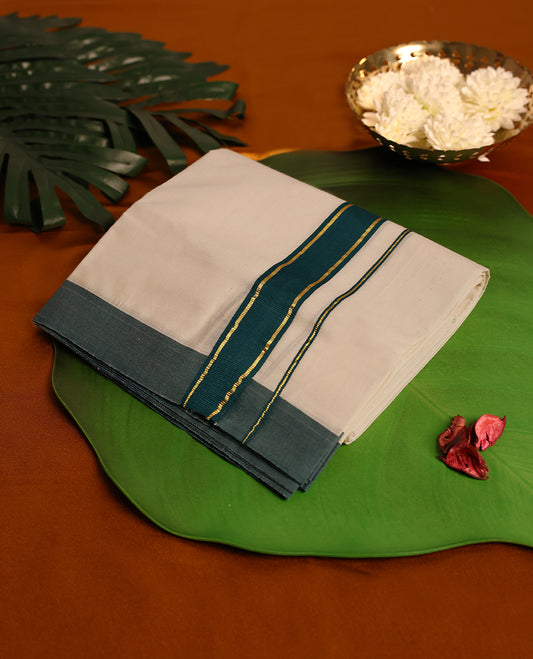 Light ivory Colour cotton double dhoti with 1.5 Inch Deep Sea Green kara, crafted for traditional elegance & comfort, for men.