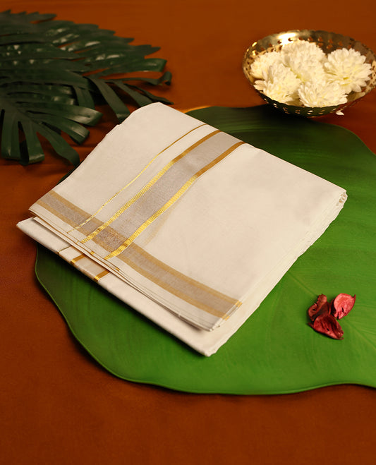 Light ivory Colour cotton double dhoti with 1.5 Inch Light silver & Gold kara, crafted for traditional elegance & comfort, for men.
