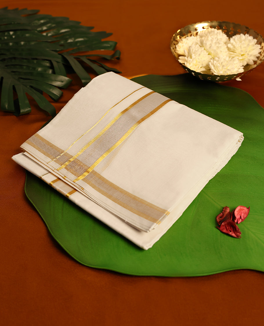 Light ivory Colour cotton double dhoti with 1.5 Inch Light silver & Gold kara, crafted for traditional elegance & comfort, for men.