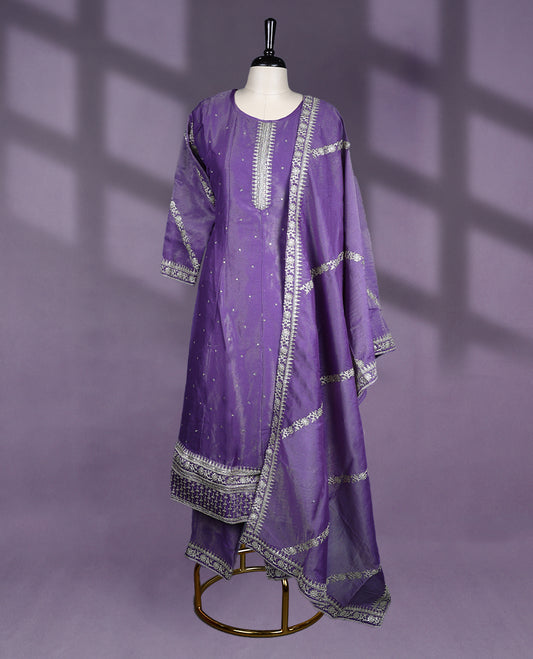 Regal purple colour kurta set featuring three quarter sleeves, a round neckline with intricate silver embroidery, and a matching dupatta for elegant occasions