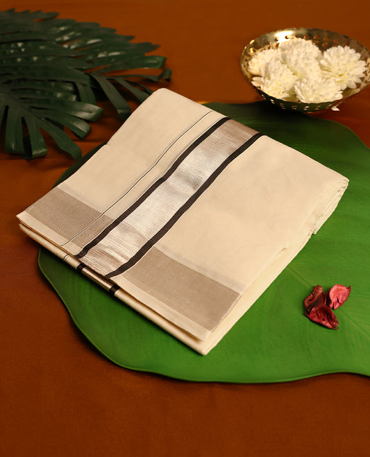 Light ivory Colour cotton double dhoti with 2 Inch Black & light Rose Gold kara, crafted for traditional elegance & comfort, for men.