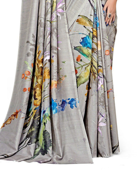 Grey colour Semi linen saree featuring vibrant multicolour floral digital prints on body and pallu, paired with a matching blouse.