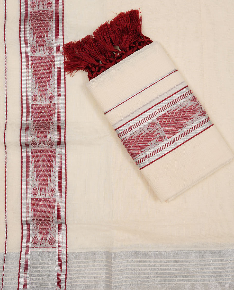 Off white colour Cotton Set Mund featuring a plain body, enhanced by a maroon traditional woven border with geometric motifs.