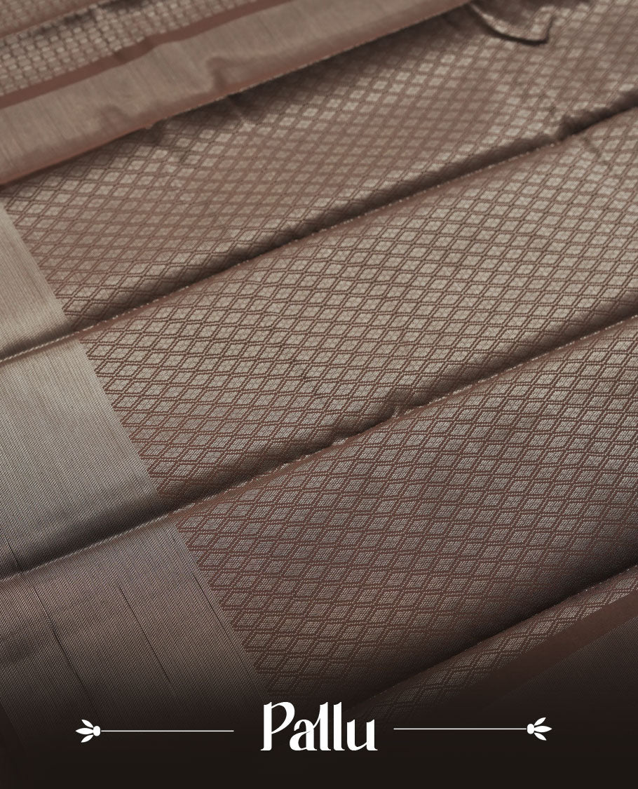 Chocolate colour semi silk saree featuring neem zari Brocade Pattern all over the body, complemented by a Self Colour woven border with detailing, Pallu & blouse.